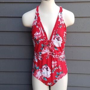 Kona Sol Swim Red Floral One Piece Swim Suit size large